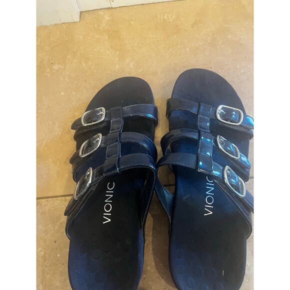 Vionic Misa Slide Sandal Women 9 Patent Leather Comfort Orthotic Silver Buckle - Picture 5 of 8